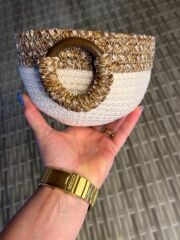 Şönil Dekoratif Sepet 15x9 cm – Şönil Kahve Halka Detaylı Hasır Halat Organizer