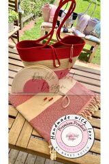2li Takım Plaj Çantası , El Çantası Clutch, Totebag, Kadın Çanta, Yazlık, Hediyelik kırmızı Tek Ebat