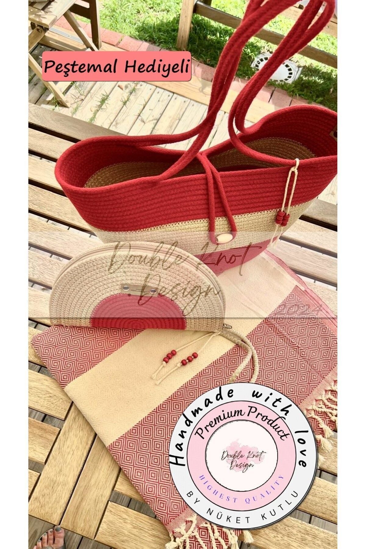 2li Takım Plaj Çantası , El Çantası Clutch, Totebag, Kadın Çanta, Yazlık, Hediyelik kırmızı Tek Ebat