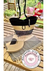 2li Takım Plaj Çantası , El Çantası Clutch, Totebag, Kadın Çanta, Yazlık, Hediyelik siyah Tek Ebat