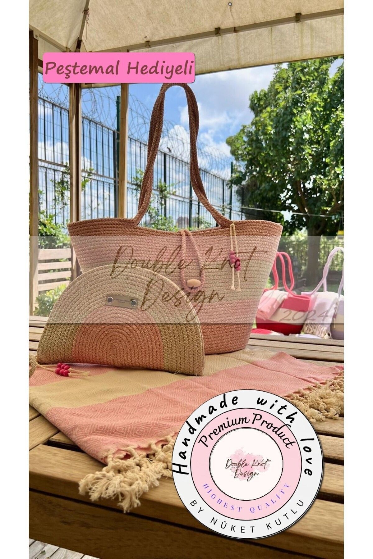 2li Takım Plaj Çantası , El Çantası Clutch, Totebag, Kadın Çanta, Yazlık, Hediyelik açık pembe Tek Ebat