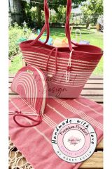 2li Takım Plaj Çantası , El Çantası Clutch, Totebag, Kadın Çanta, Yazlık, Hediyelik pembe Tek Ebat