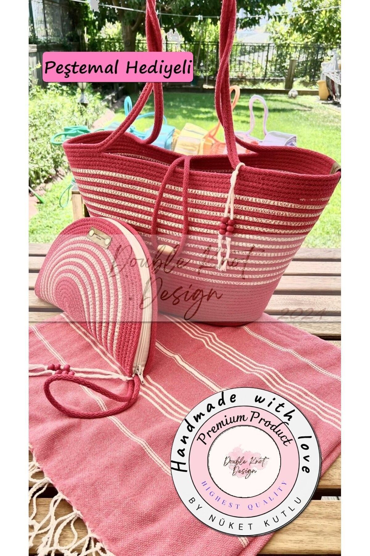 2li Takım Plaj Çantası , El Çantası Clutch, Totebag, Kadın Çanta, Yazlık, Hediyelik pembe Tek Ebat
