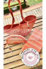 2li Takım Plaj Çantası , El Çantası Clutch, Totebag, Kadın Çanta, Yazlık, Hediyelik turuncu Tek Ebat