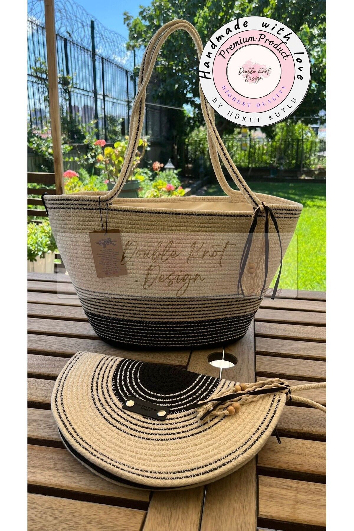Siyah & Ekru 2li Takım Plaj Çantası , El Çantası Clutch