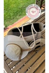 Siyah & Bej & Beyaz 3lü Takım Plaj Çantası , El Çantası Clutch, Şapka