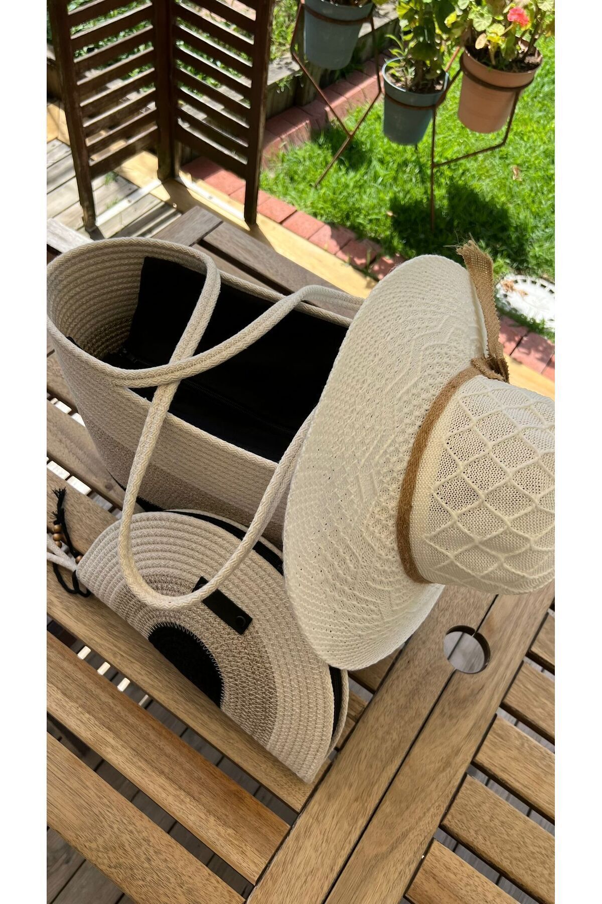 Siyah & Bej & Beyaz 3lü Takım Plaj Çantası , El Çantası Clutch, Şapka