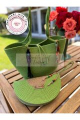 Bella Fıstık Yeşil 2li Takım Plaj Çantası , El Çantası Clutch