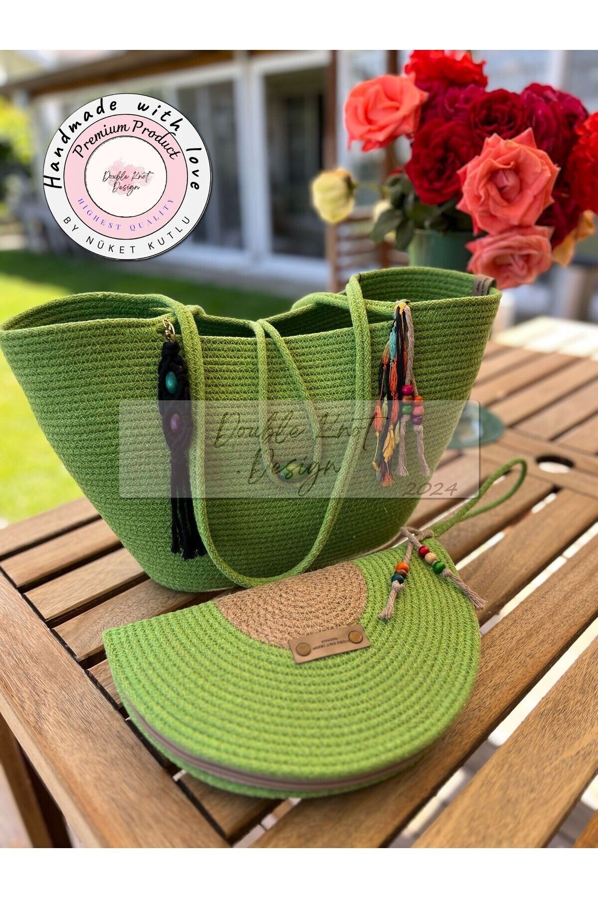 Bella Fıstık Yeşil 2li Takım Plaj Çantası , El Çantası Clutch