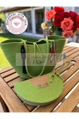 Bella Fıstık Yeşil 2li Takım Plaj Çantası , El Çantası Clutch