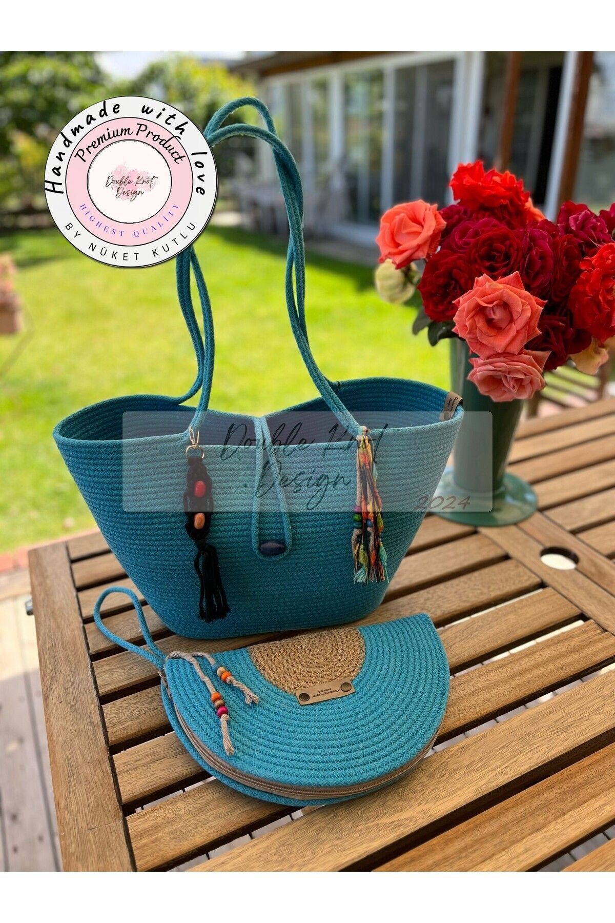 Bella Turkuaz 2li Takım Plaj Çantası , El Çantası Clutch
