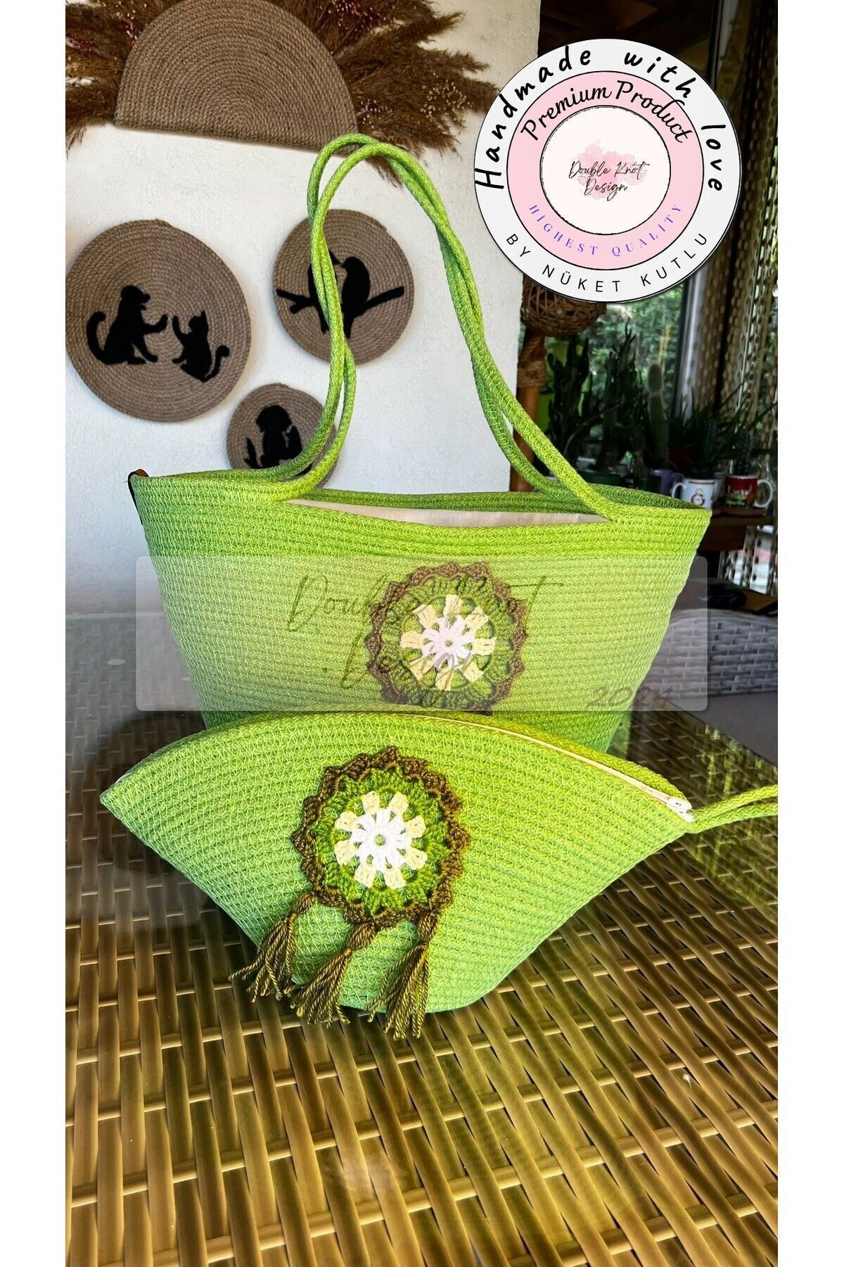 Yeşil 2li Takım Plaj Çantası, Clutch - Dantel Detaylı