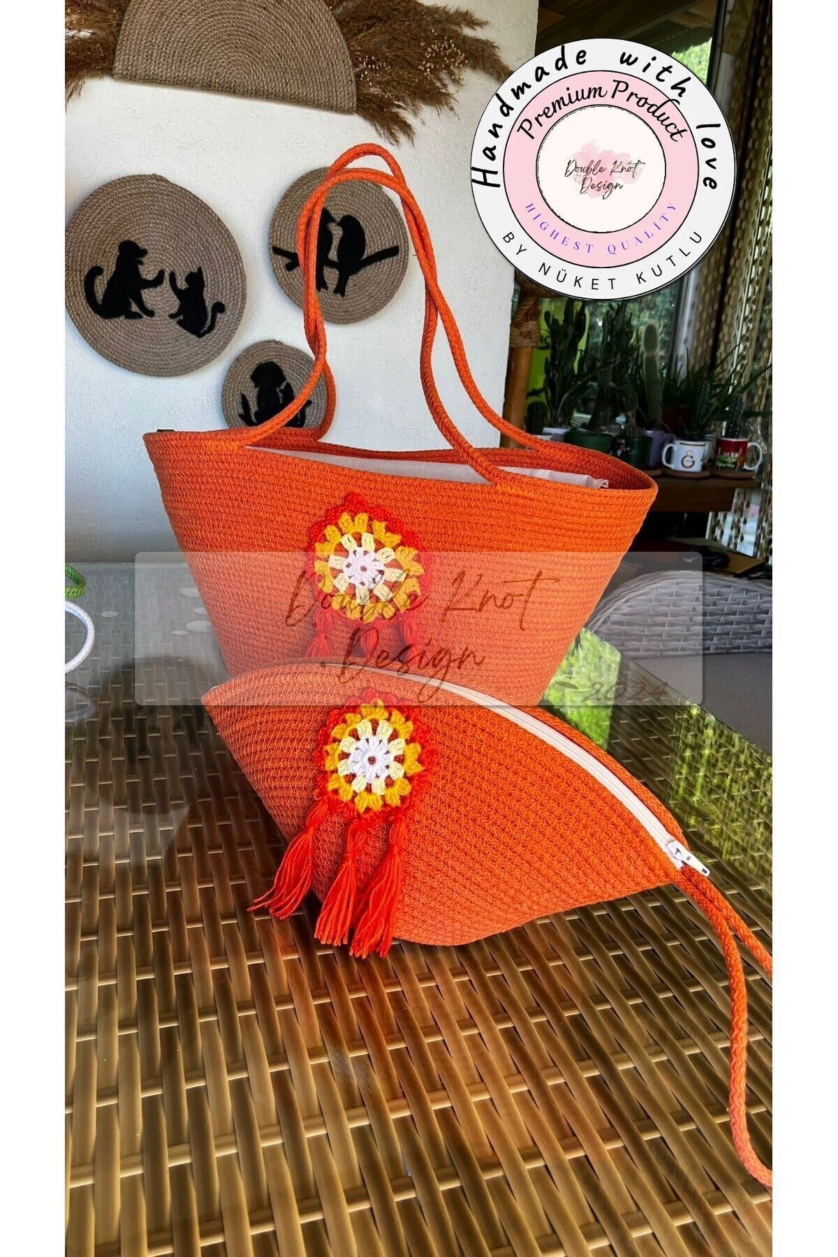 Turuncu 2li Takım Plaj Çantası, Clutch - Dantel Detaylı