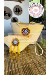 Sarı 2li Takım Plaj Çantası , Clutch - Dantel Detaylı