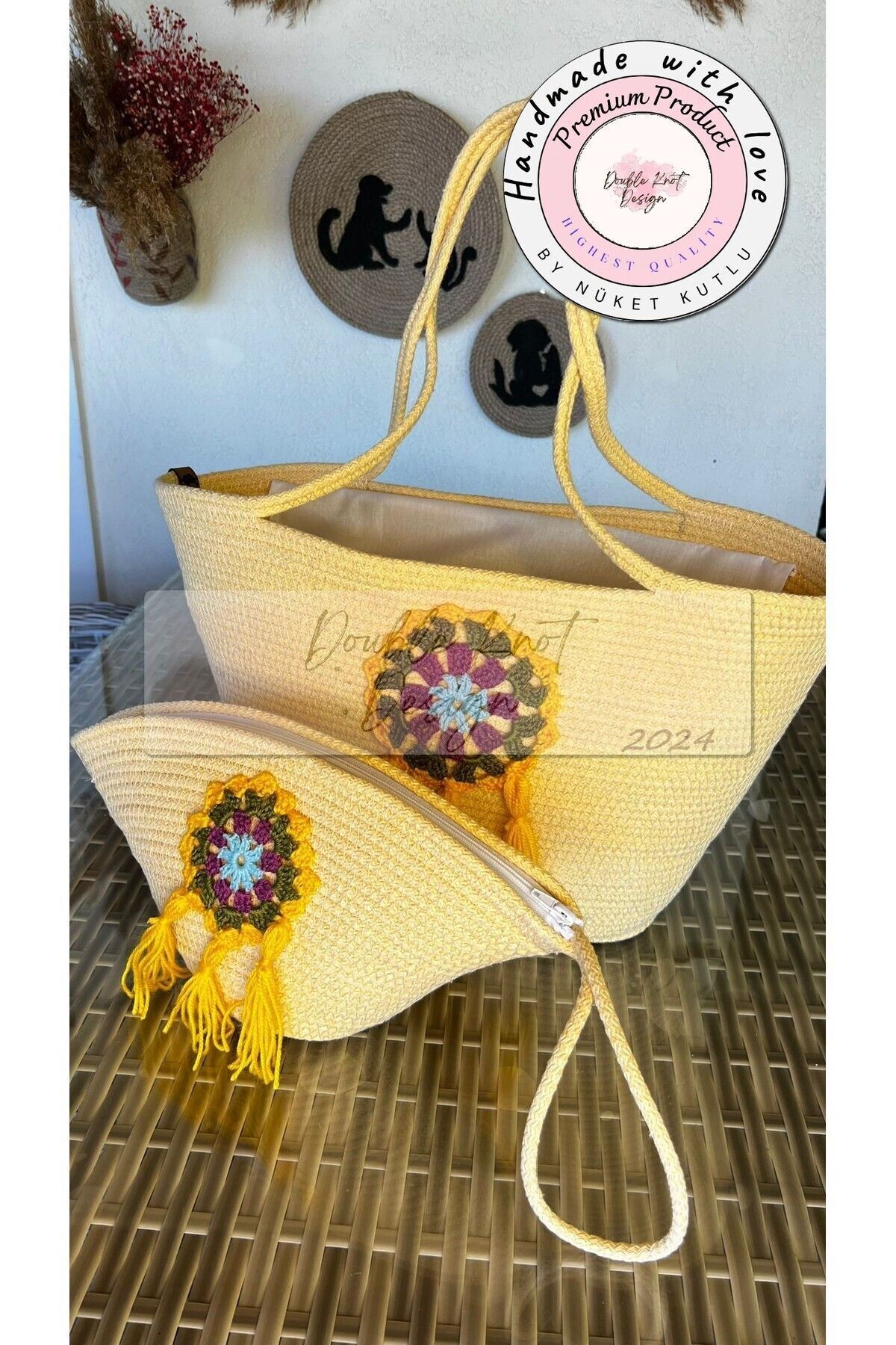 Sarı 2li Takım Plaj Çantası , Clutch - Dantel Detaylı
