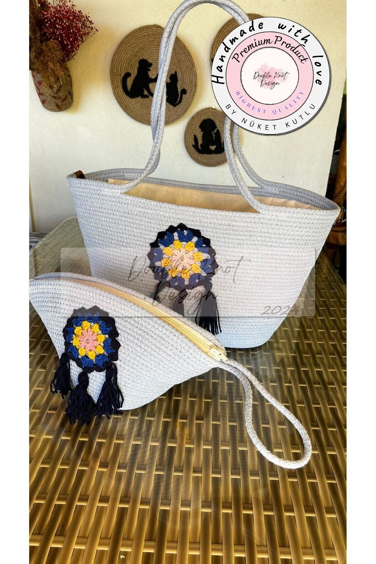 Buz Mavi 2li Takım Plaj Çantası, Clutch - Dantel Detaylı