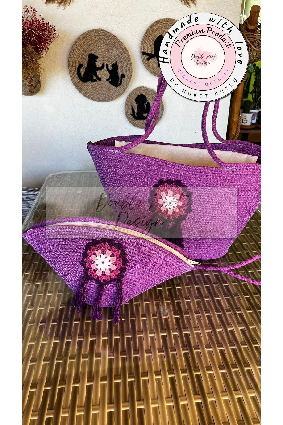 Mor 2li Takım Plaj Çantası , Clutch- Dantel Detaylı