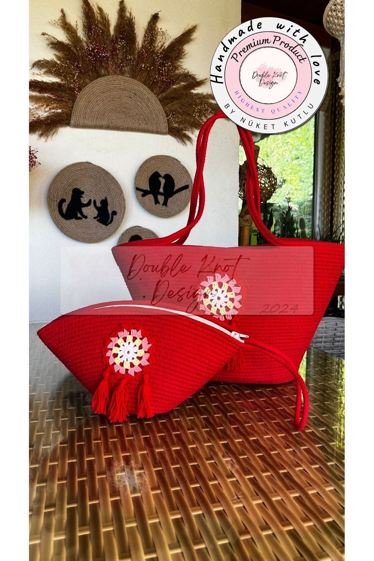 Kırmızı 2li Takım Plaj Çantası , Clutch - Dantel Detaylı