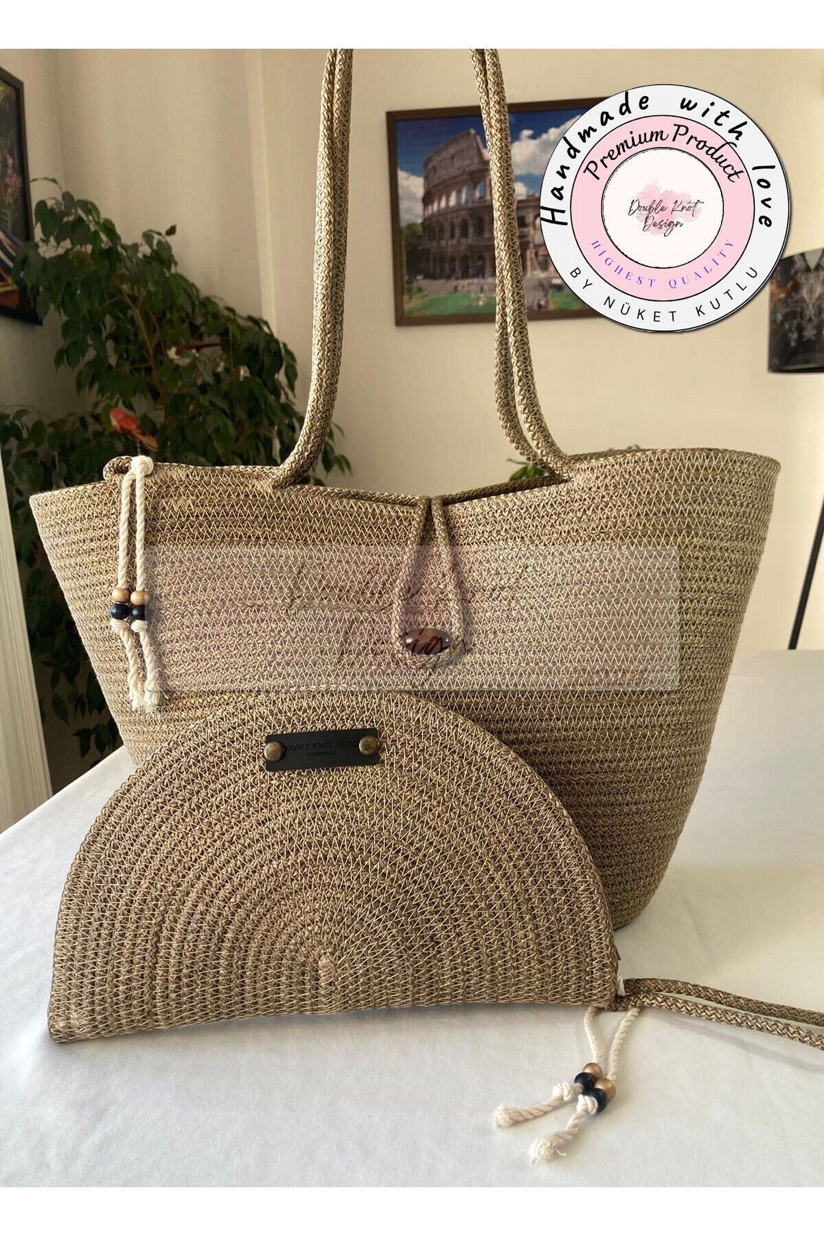 Bronz 2li Takım Plaj Çantası , El Çantası Clutch