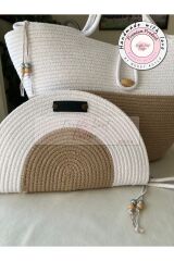 Bej & Beyaz 2li Takım Plaj Çantası , El Çantası Clutch