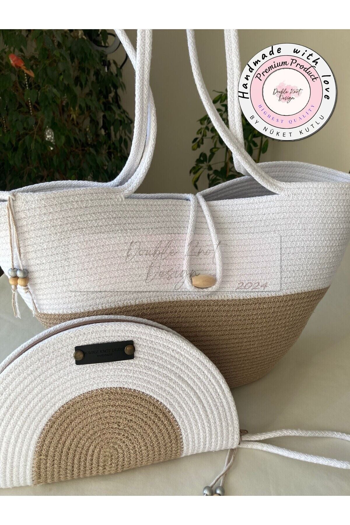 Bej & Beyaz 2li Takım Plaj Çantası , El Çantası Clutch