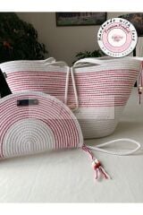 Beyaz & Kırmızı 2li Takım Plaj Çantası , El çantası Clutch