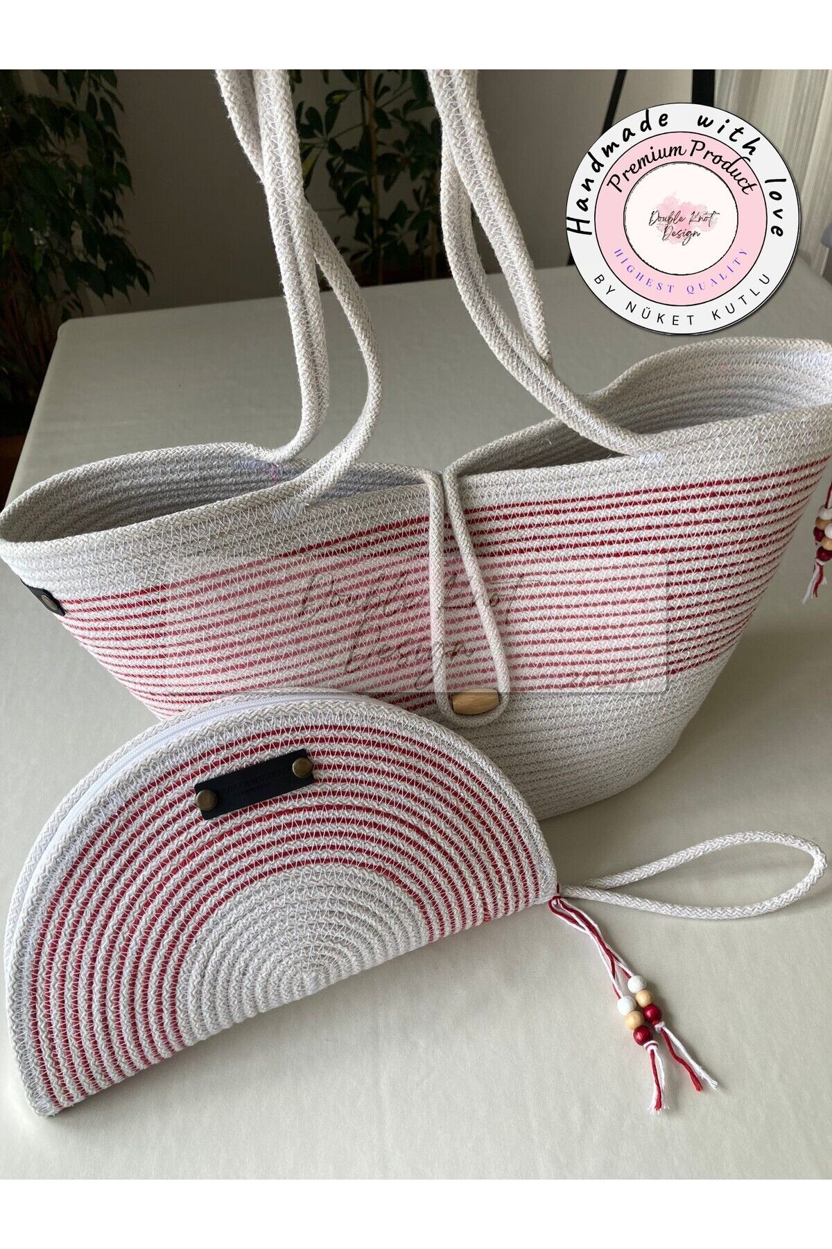 Beyaz & Kırmızı 2li Takım Plaj Çantası , El çantası Clutch