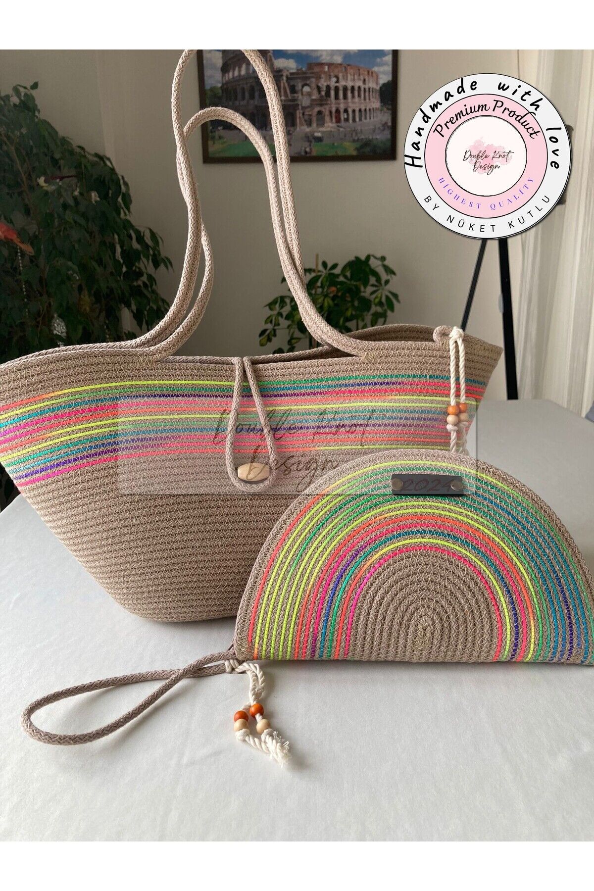 Ebruli 2li Takım Plaj Çantası , El çantası Clutch
