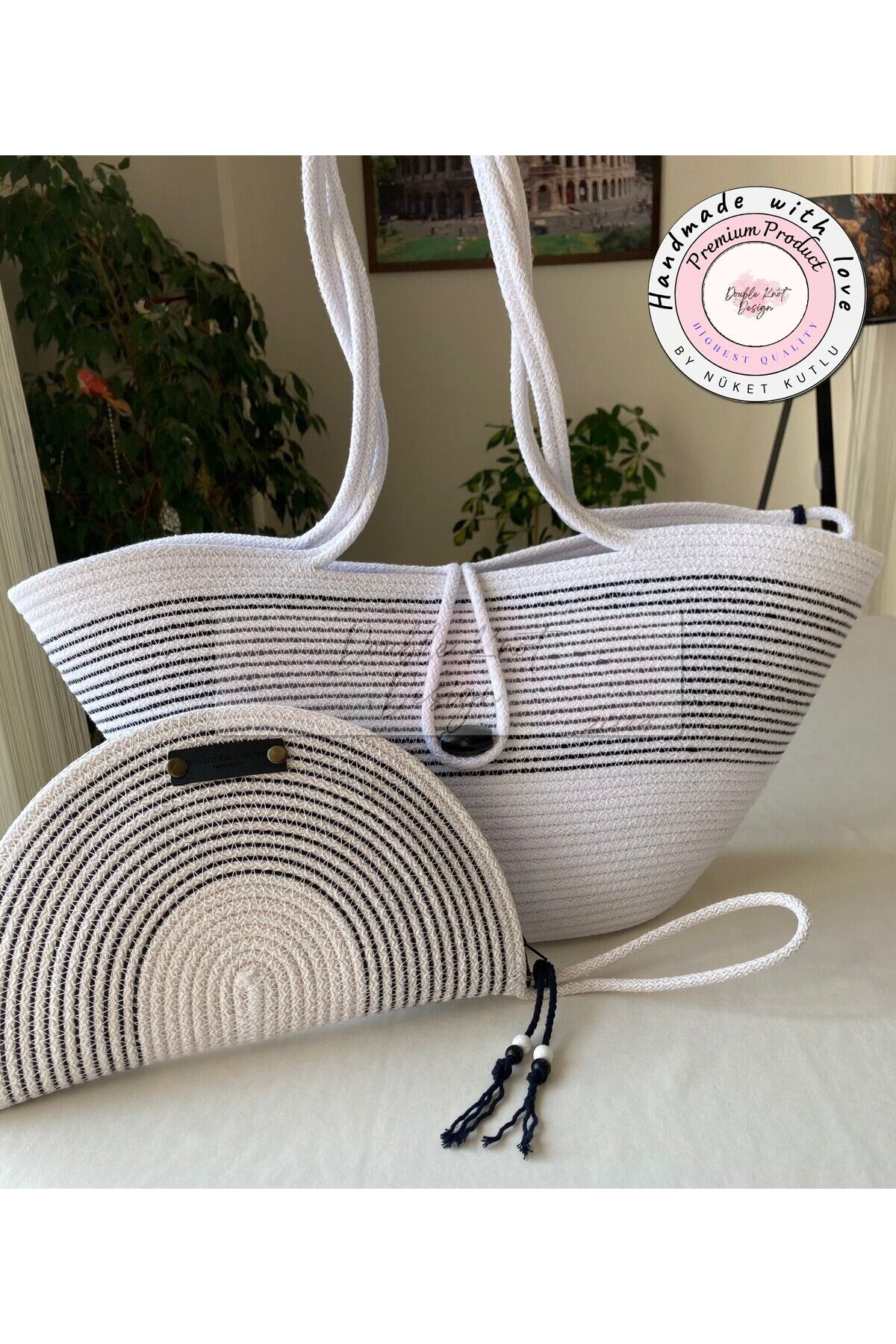 Beyaz & Siyah 2li Takım Plaj Çantası , El çantası Clutch