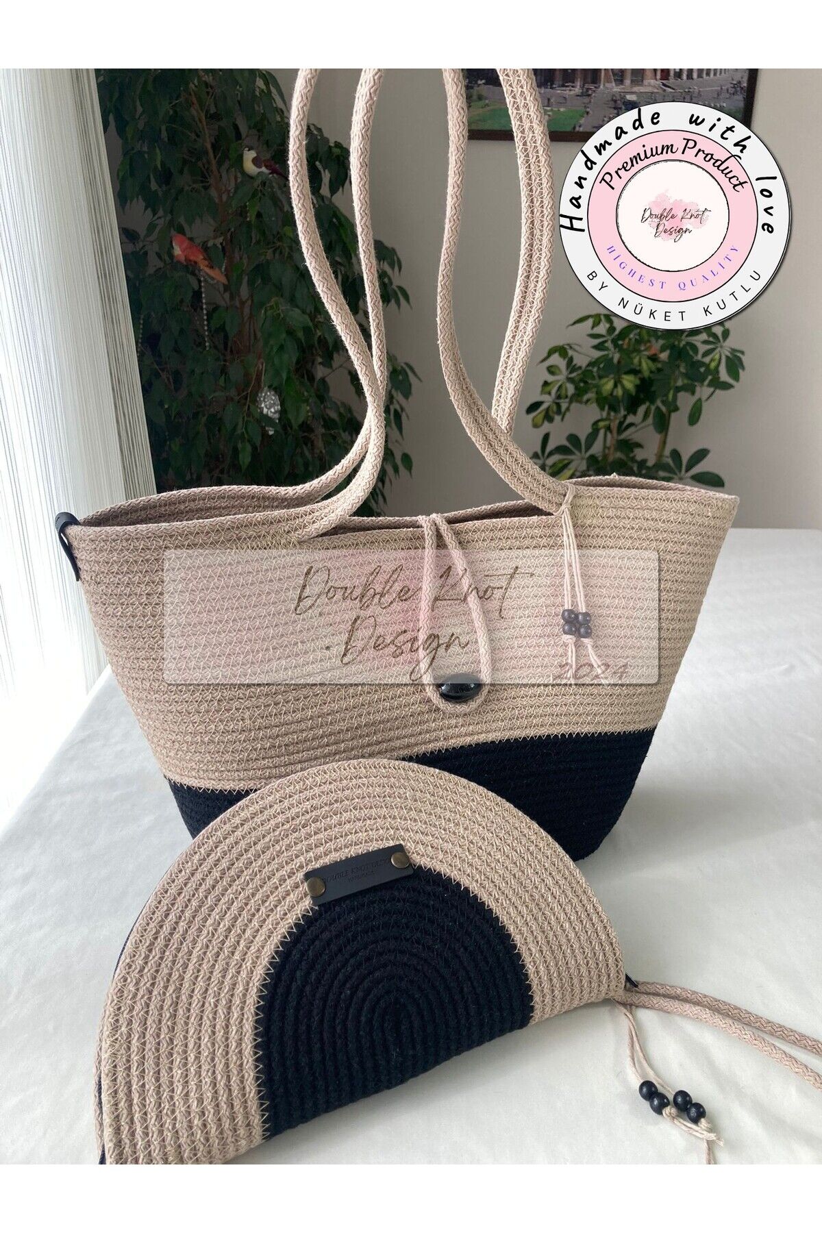 Bella 2li Takım Bej & Siyah Plaj Çantası , Clutch
