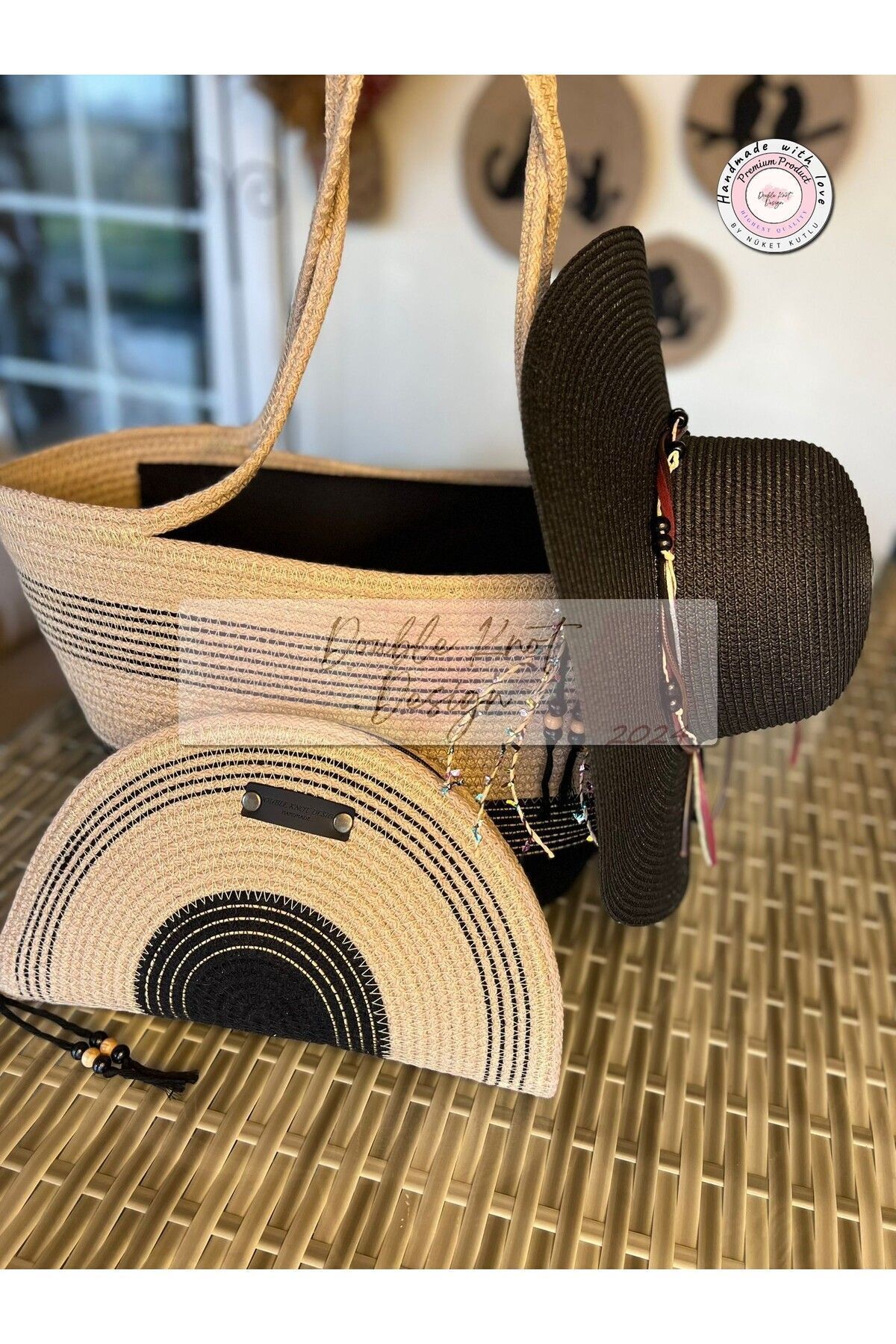 Bej & Siyah 3lü Takım Plaj Çantası , El Çantası Clutch, Şapka