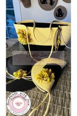 Sarı Çiçek 3lü Takım Plaj Çantası , El Çantası Clutch, Şapka