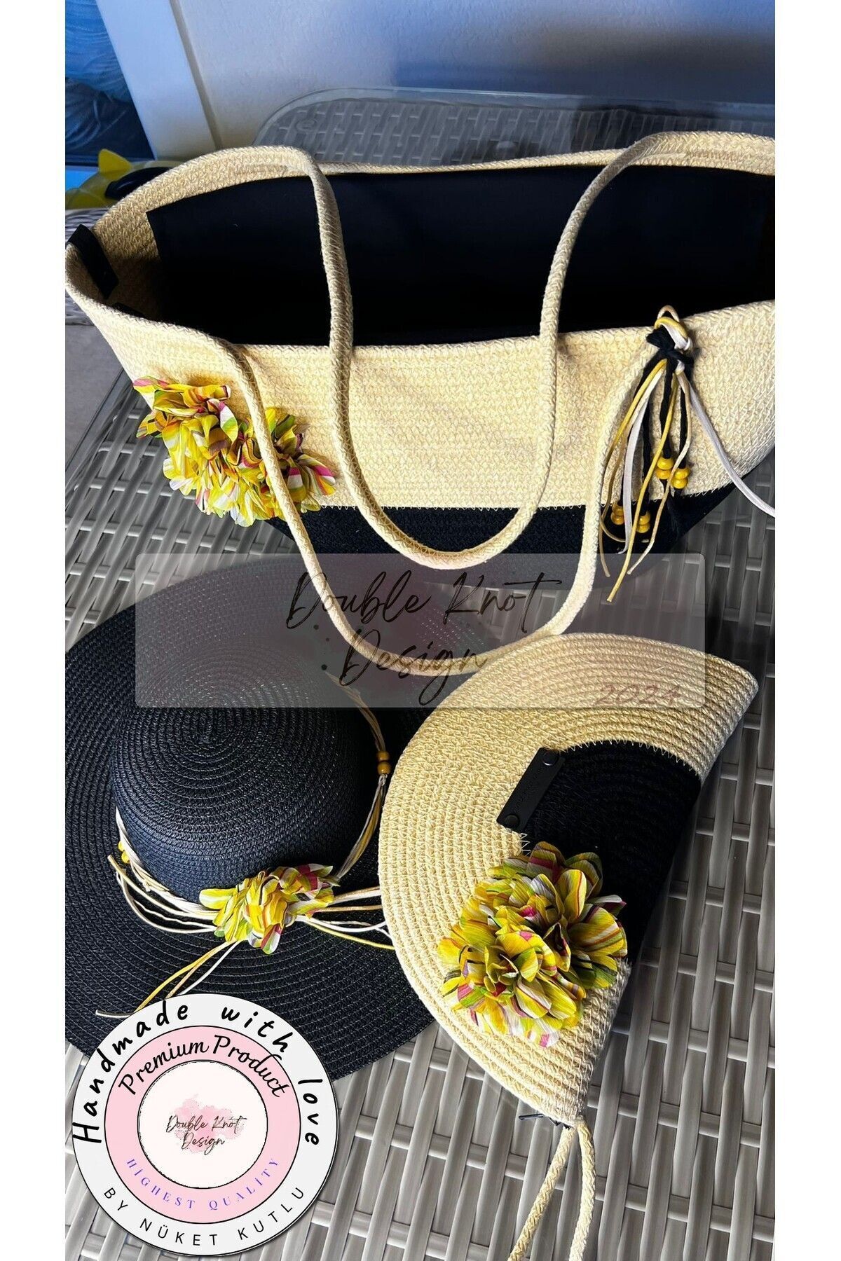 Sarı Çiçek 3lü Takım Plaj Çantası , El Çantası Clutch, Şapka