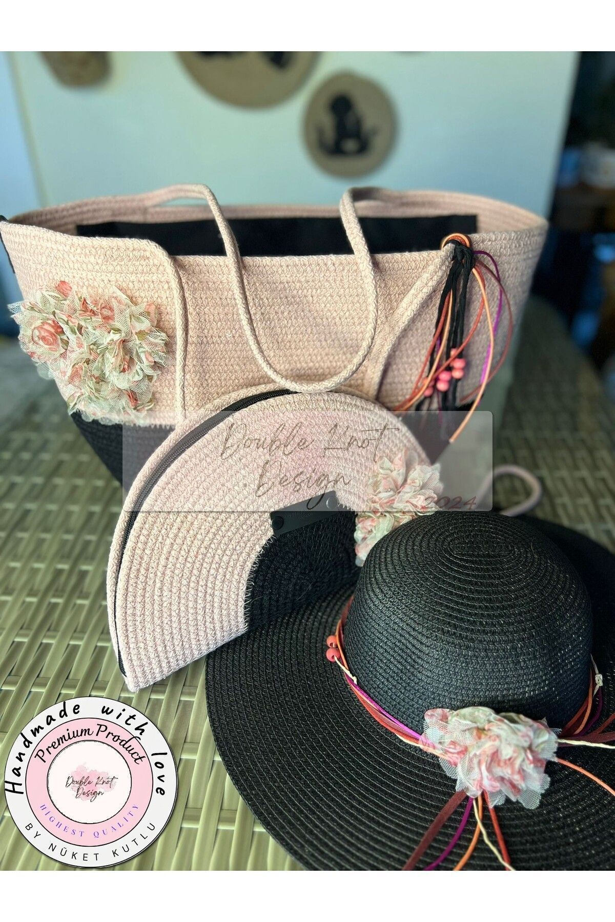 Pembe Çiçek 3lü Takım Plaj Çantası , El Çantası Clutch, Şapka