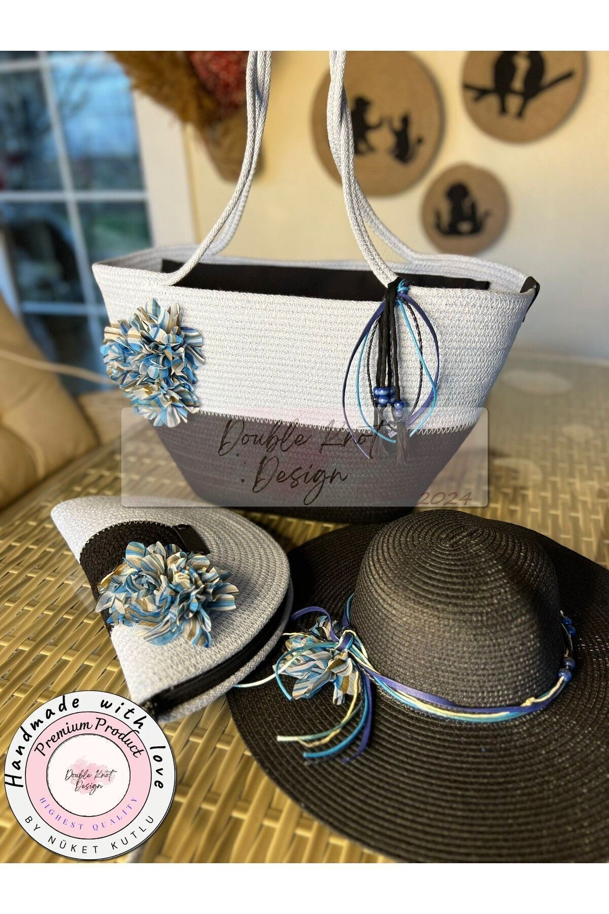 Mavi Çiçek 3lü Takım Plaj Çantası , El Çantası Clutch, Şapka