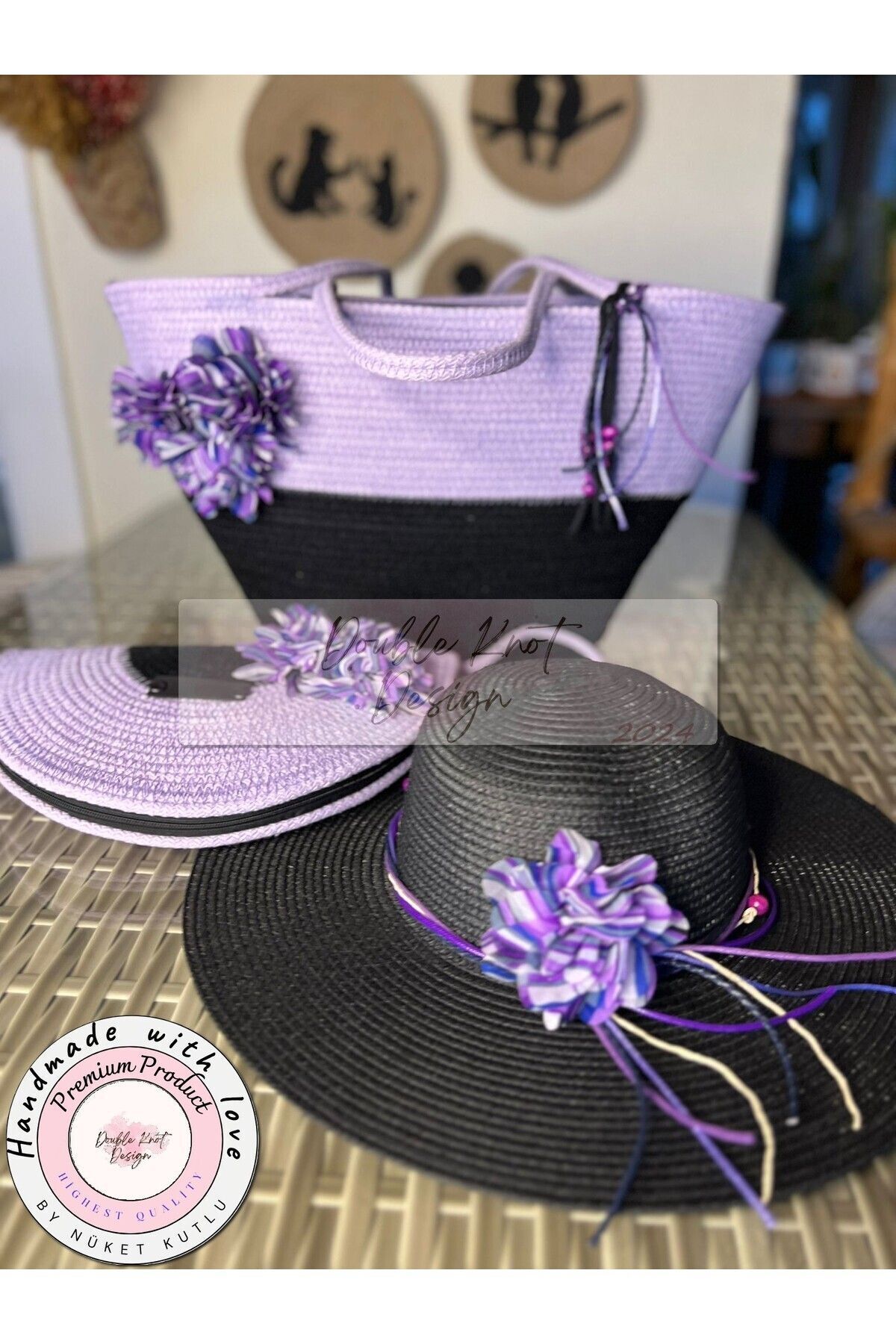 Mor Çiçek 3lü Takım Plaj Çantası , El Çantası Clutch, Şapka