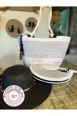 Siyah & Beyaz 3lü Takım Plaj Çantası , El Çantası Clutch, Şapka