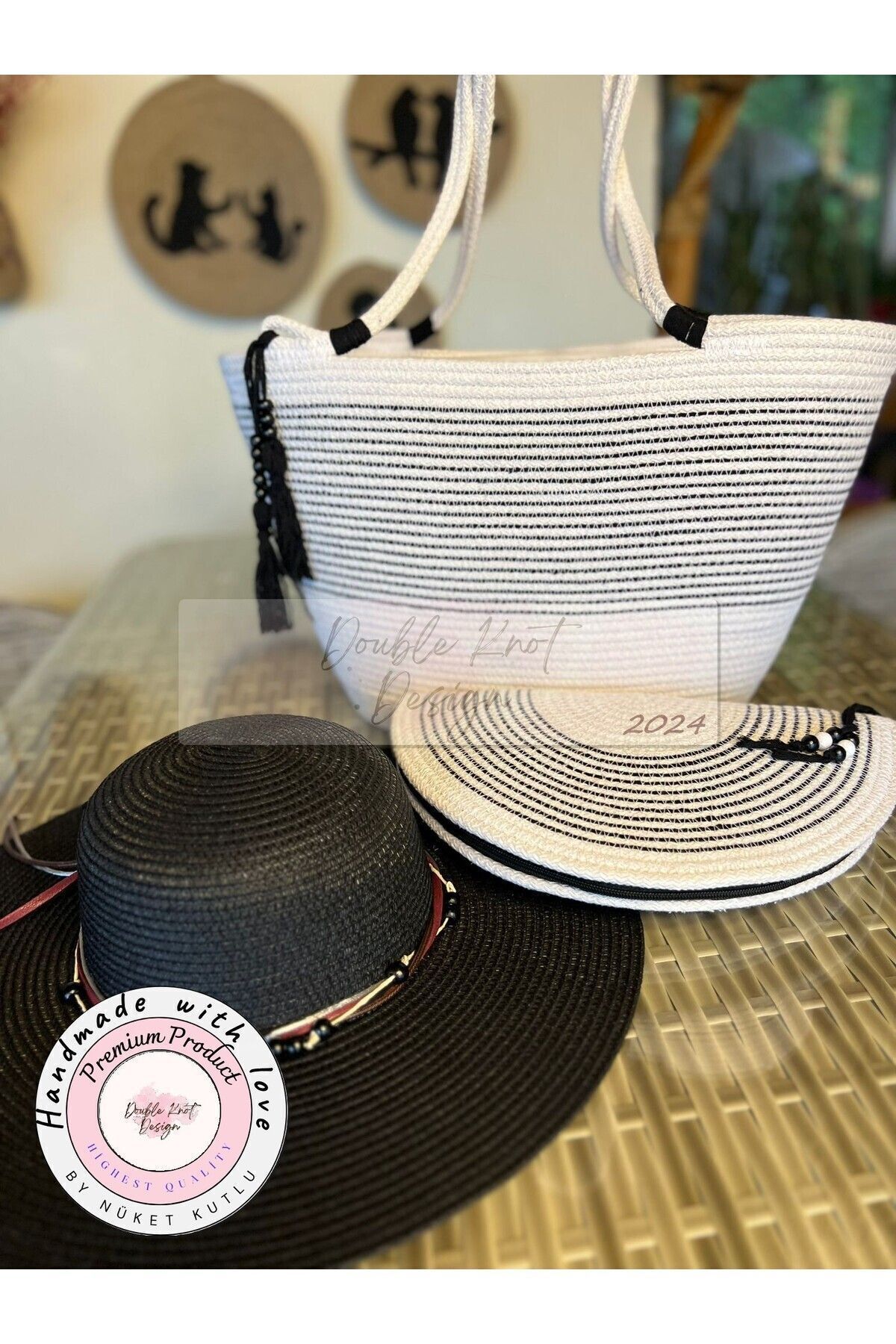 Siyah & Beyaz 3lü Takım Plaj Çantası , El Çantası Clutch, Şapka