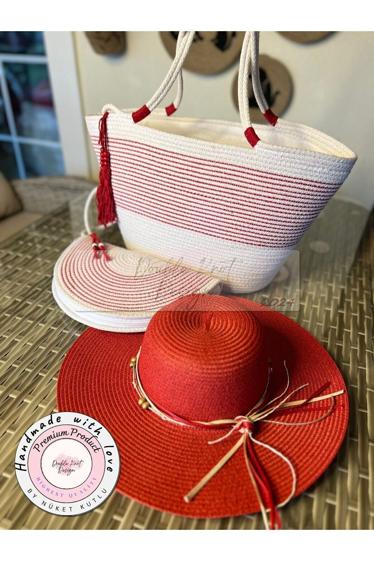 Kırmızı & Beyaz 3lü Takım Plaj Çantası , El Çantası Clutch, Şapka