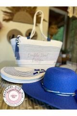 Mavi & Beyaz 3lü Takım Plaj Çantası , El Çantası Clutch, Şapka