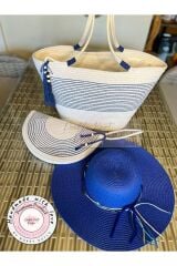 Mavi & Beyaz 3lü Takım Plaj Çantası , El Çantası Clutch, Şapka