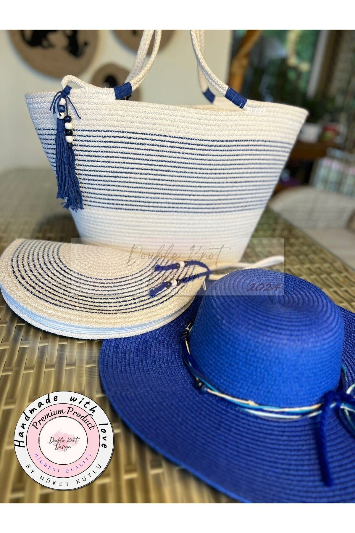 Mavi & Beyaz 3lü Takım Plaj Çantası , El Çantası Clutch, Şapka