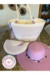 Lila & Beyaz 3lü Takım Plaj Çantası , El Çantası Clutch, Şapka