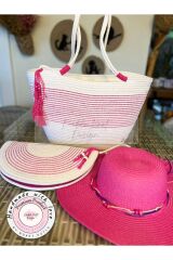 Pembe & Beyaz 3lü Takım Plaj Çantası , El Çantası Clutch, Şapka