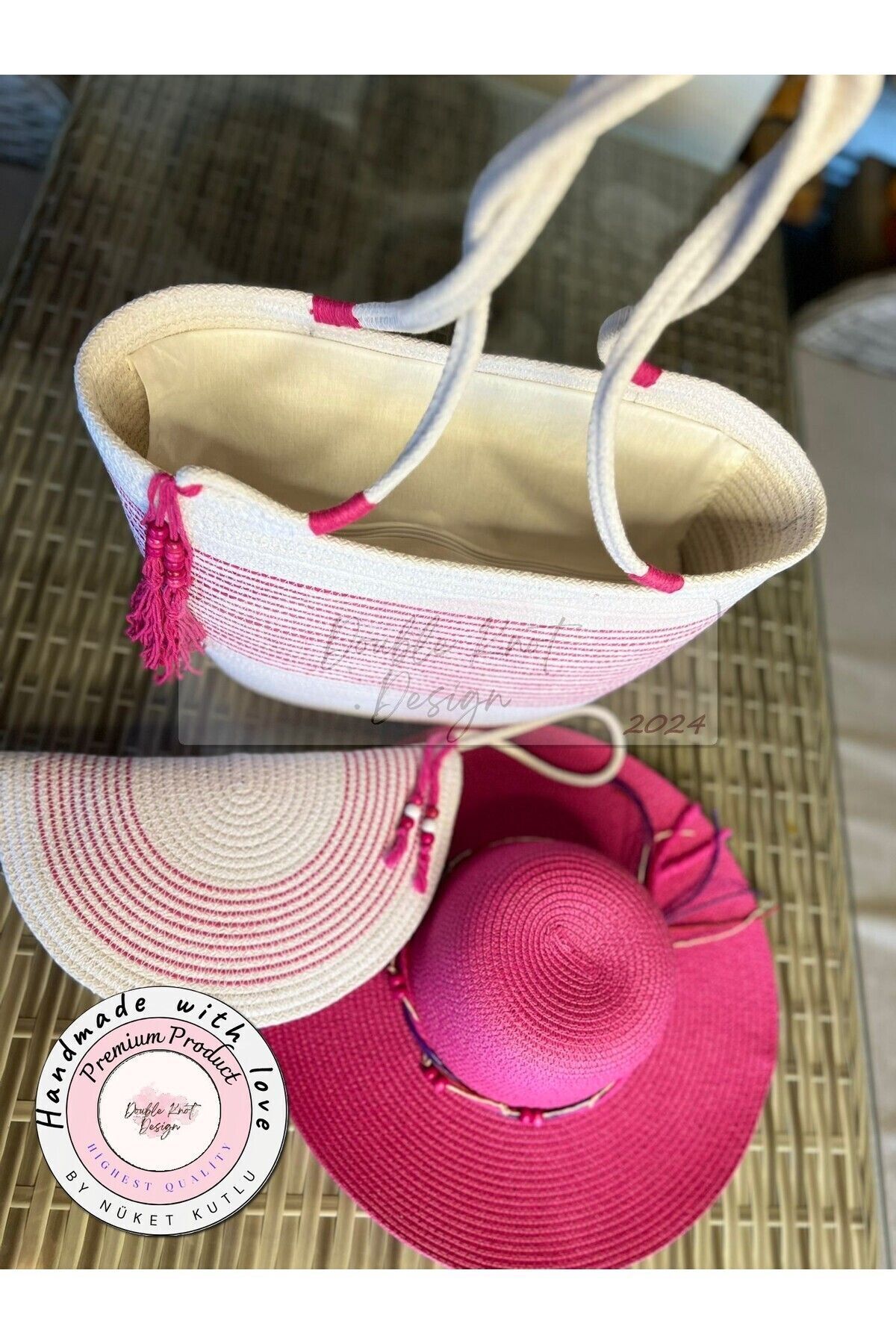 Pembe & Beyaz 3lü Takım Plaj Çantası , El Çantası Clutch, Şapka