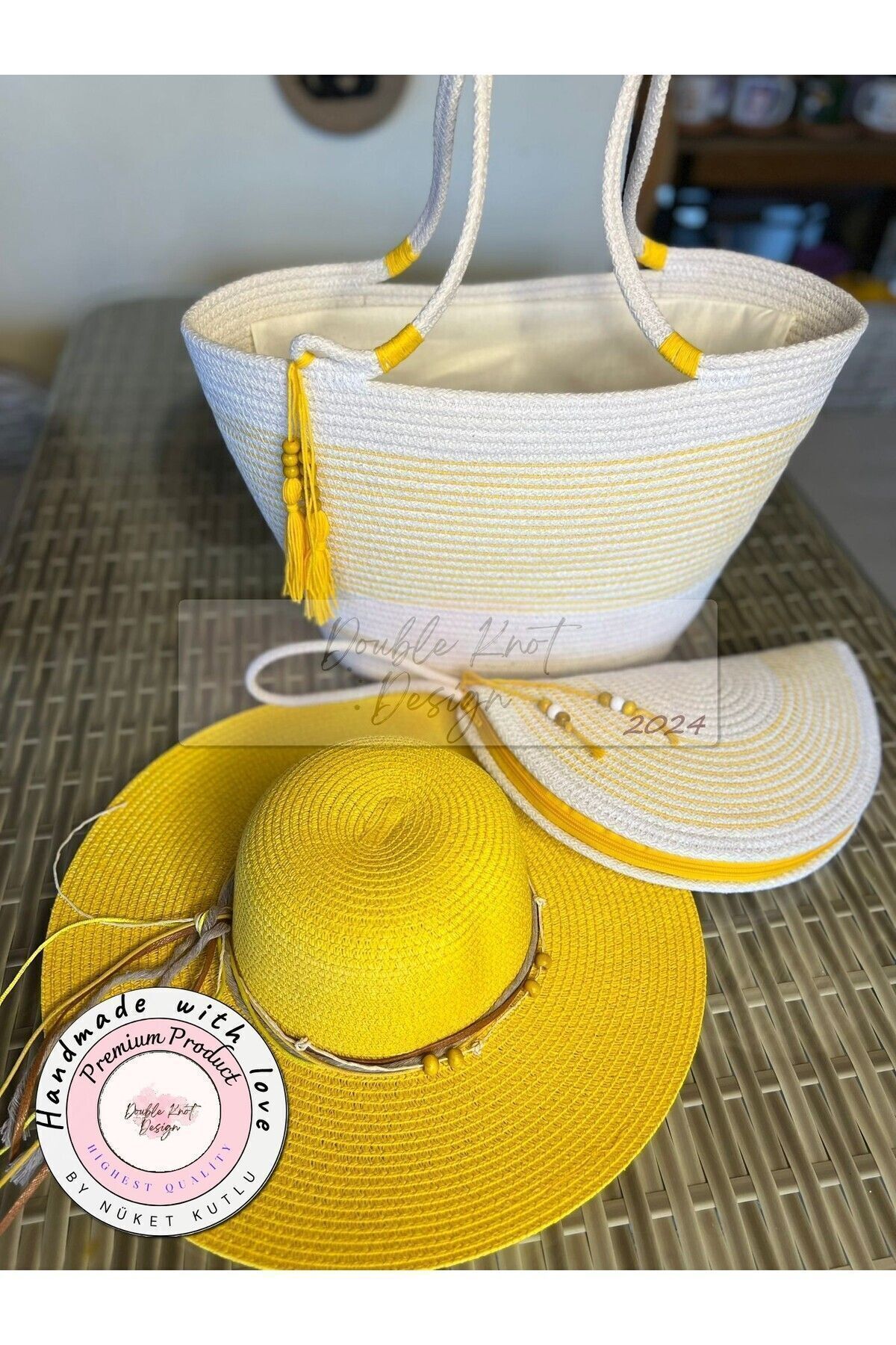 Sarı & Beyaz 3lü Takım Plaj Çantası , El Çantası Clutch, Şapka