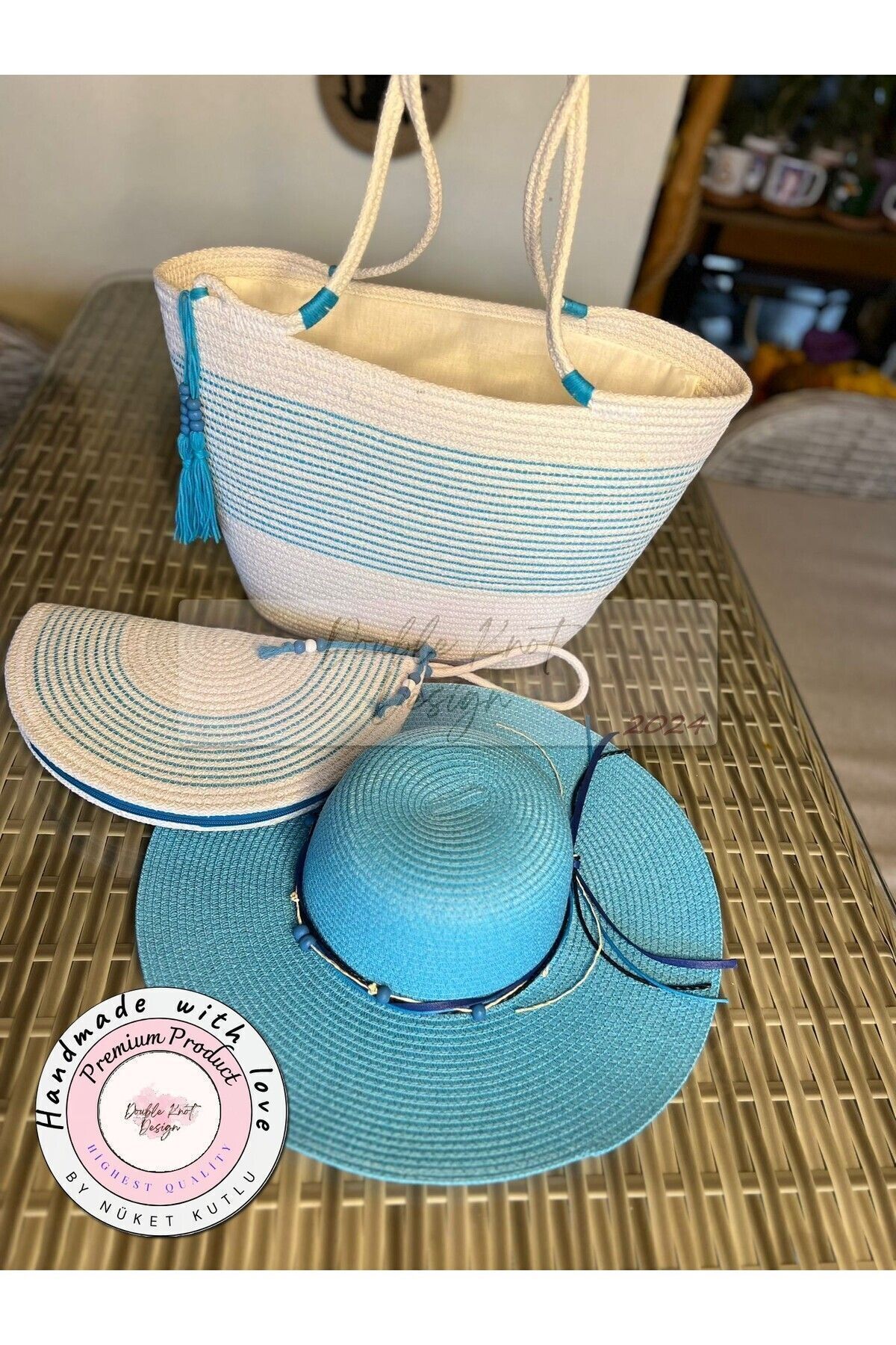 Turkuaz & Beyaz 3lü Takım Plaj Çantası , El Çantası Clutch, Şapka