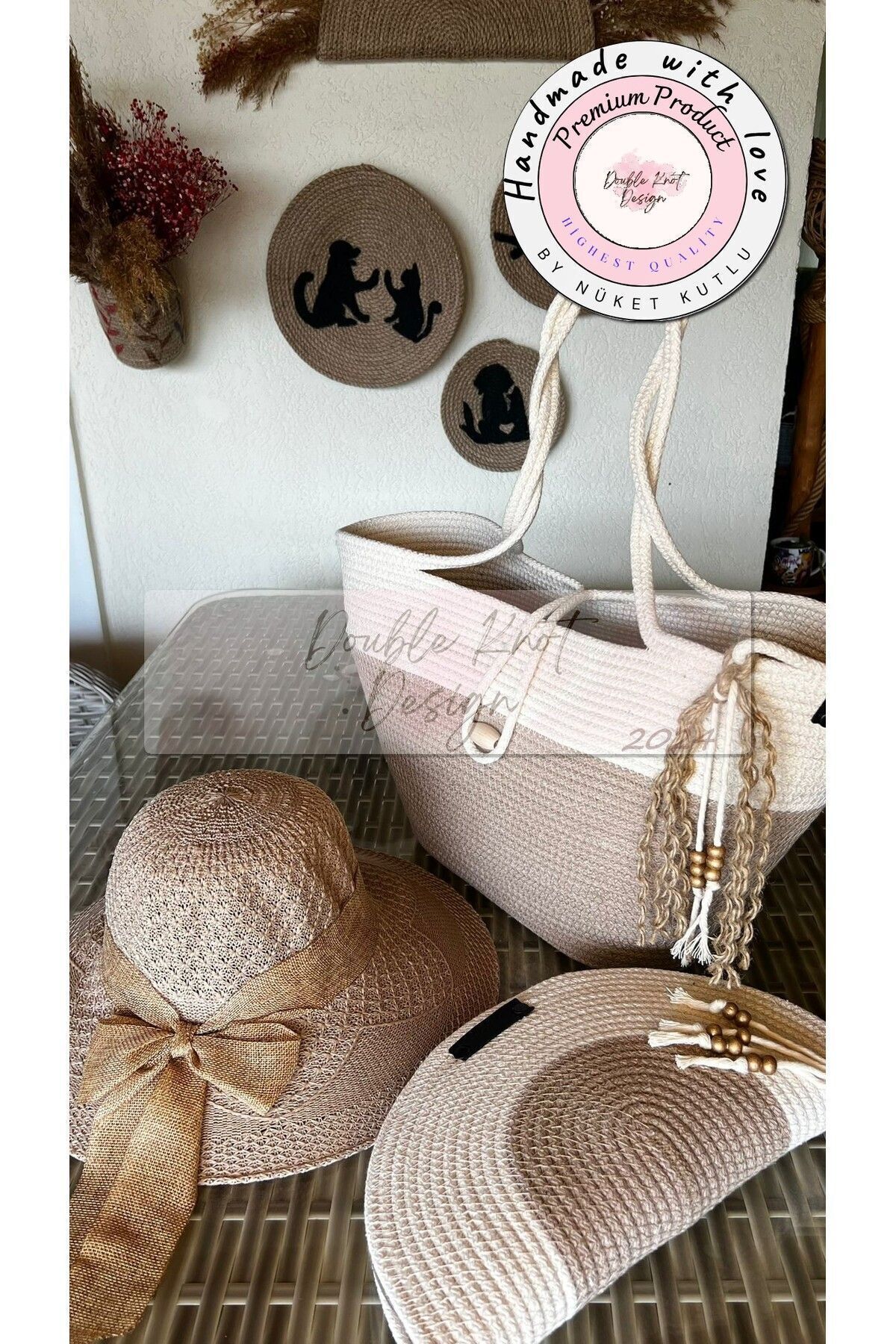 Hasır Şapkalı Bej & Ekru 3lü Takım Plaj Çantası , El Çantası Clutch, Şapka
